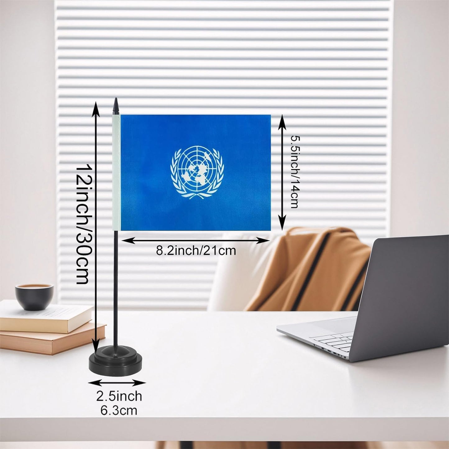United Nations Desk Flag 12" Solid Pole Deluxe Set United Nations Flags Banner Mini Small United Nations Office Table Flags with Black Stand Base Desktop Decorations(2Pack)