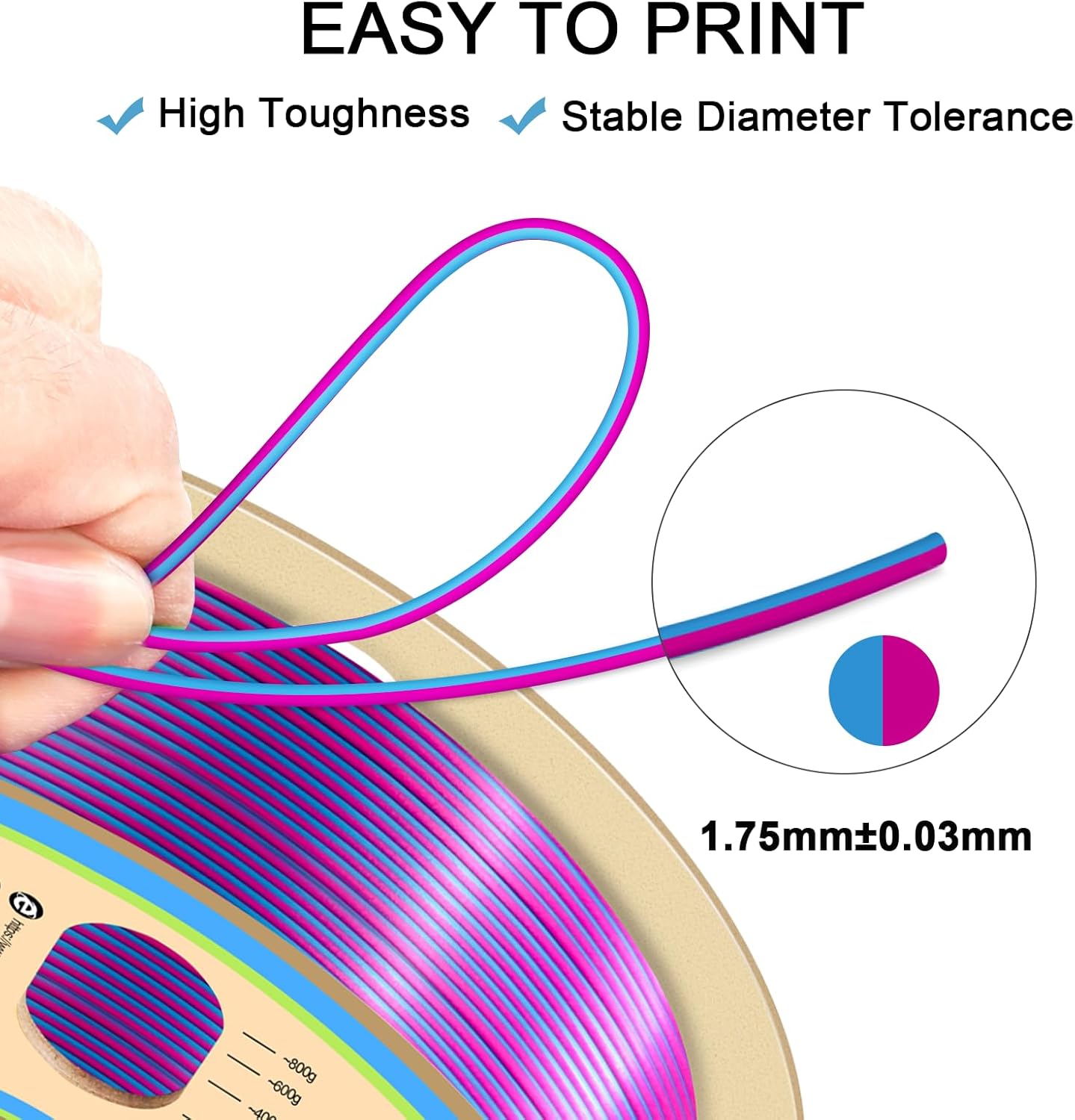 YOUSU Silk PLA Filament 1.75mm, 3D Printer Filament Dual Color Coextrusion Filament Silk Rose-Red Blue Color Change PLA, Compatible with Most of 3D Printer.
