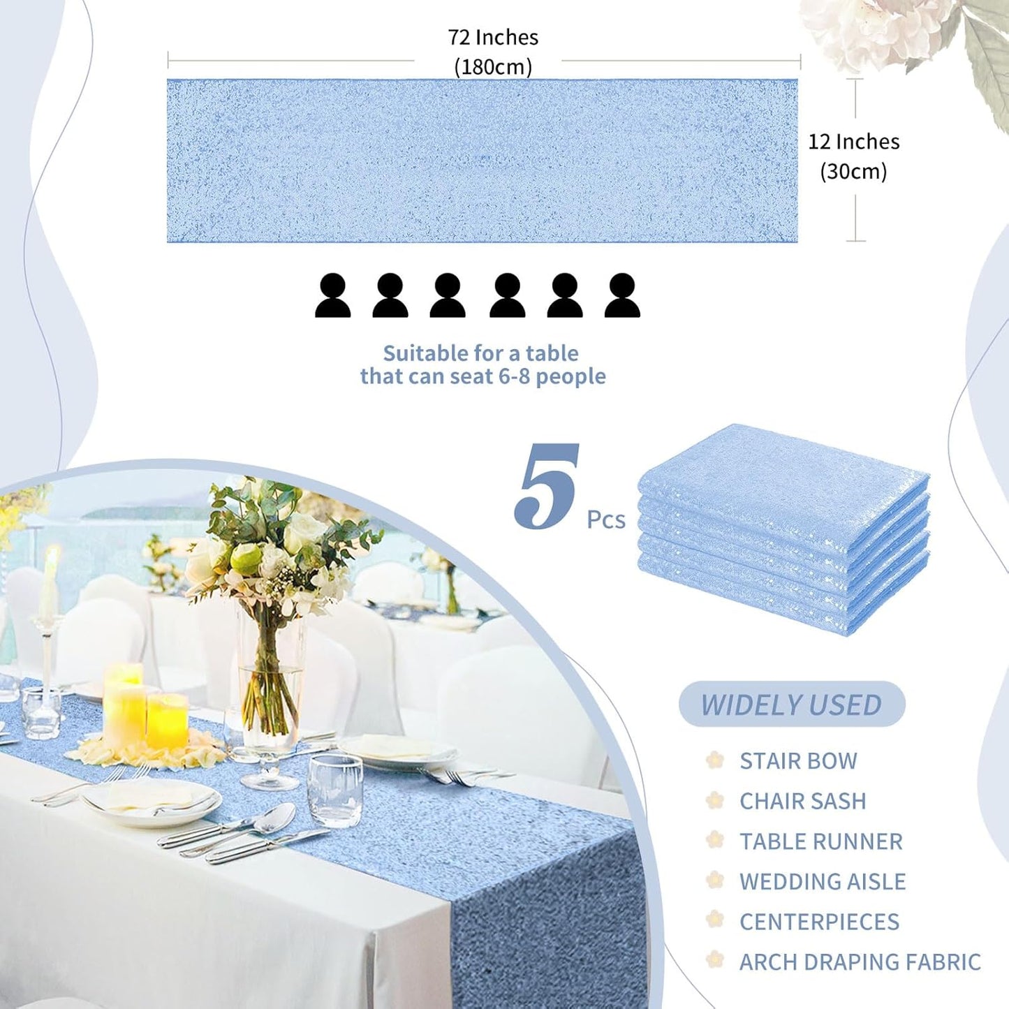Sequin Table Runners 5 Pieces Baby Blue Table Runners 12x72 Inch Glitter Table Cover for Party Wedding Birthday Reception Banquet Decoration Spring Party Chair Sashes