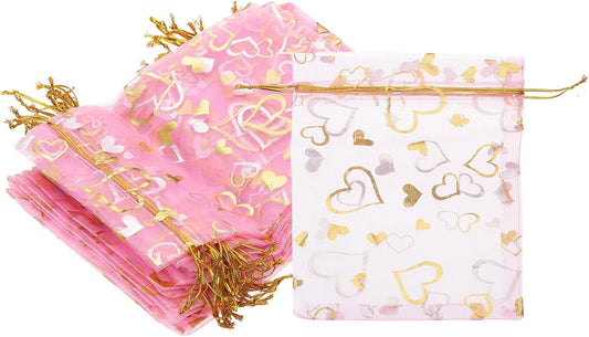 PATIKIL 100 Pcs 5x7 Inch Heart Printed Organza Bags, Pink Sheer Heart Organza Bags with Drawstring for Christmas Candy Jewelry Party Wedding Favor Gift