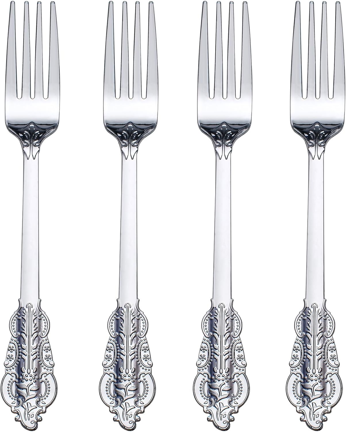 WDF 100 Piece Silver Forks Disposable - 7.48 Inch Silver Plastic Forks - Baroque Silverware for Dessert Cake - Heavy Duty Plastic Fork for Christmas Party, Wedding or Daily Using