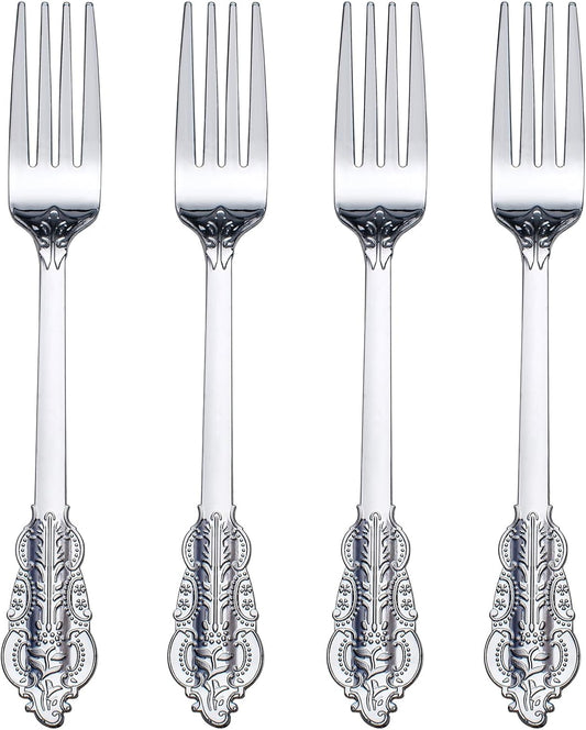 WDF 100 Piece Silver Forks Disposable - 7.48 Inch Silver Plastic Forks - Baroque Silverware for Dessert Cake - Heavy Duty Plastic Fork for Christmas Party, Wedding or Daily Using