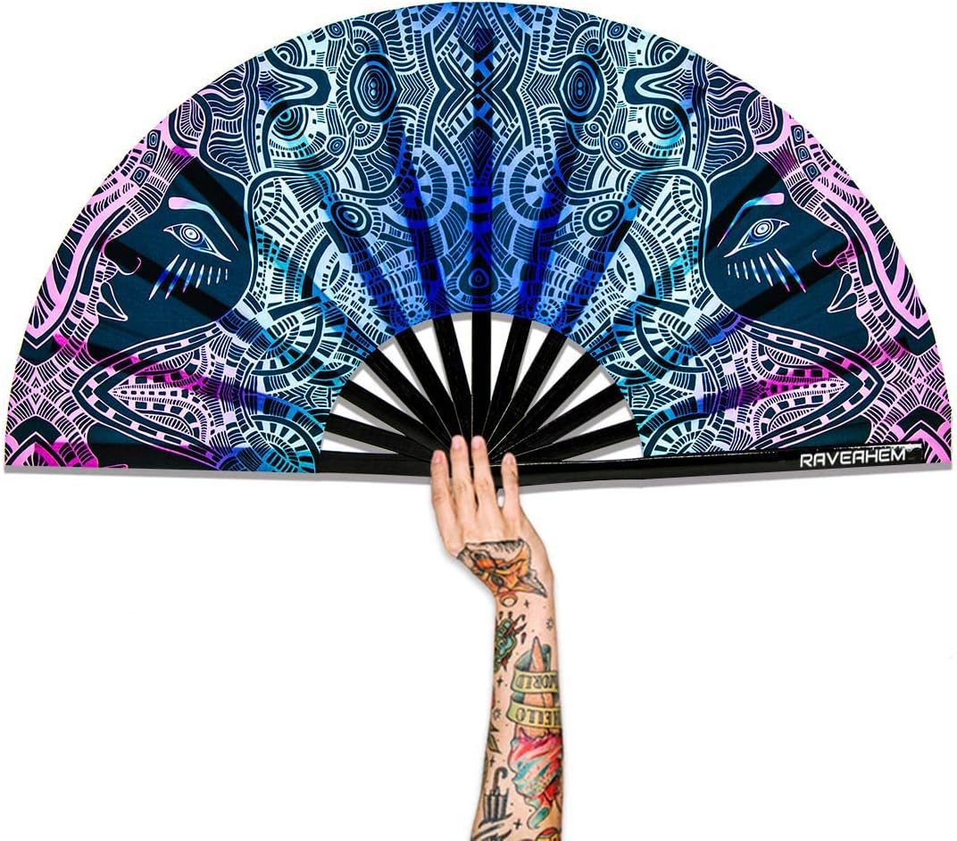 UV Glow Rave Fan, Bamboo Folding Clack Hand Fans Foldable for Men Women, Boots on the Ground Poping Fan for EDM Festival Line Dance Decoration, (Kaleidoscope Girls, Large 13")