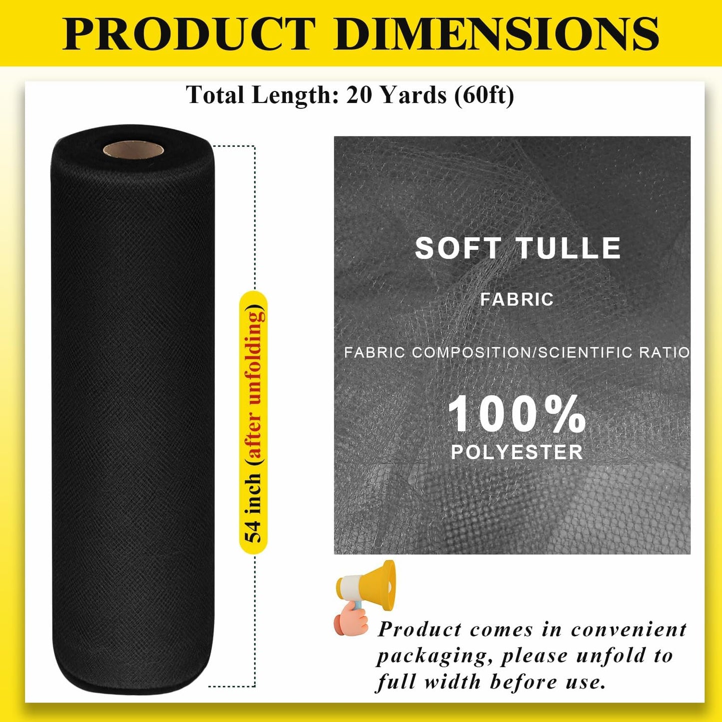 54" by 20 Yards Black Tulle Fabric Rolls - Tutu Spool Bolt for DIY Wedding Decoration, Baby Shower Tutu Skirt, Gift Wrapping - Large Matte Tulle, Roll Packaging