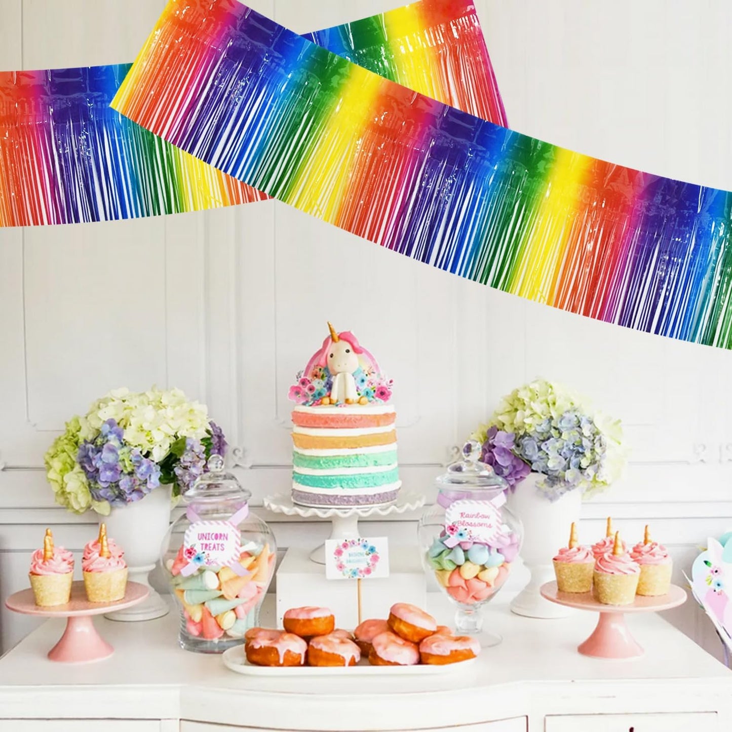 BEISHIDA 3 Packs Metallic Foil Fringe Garland Rainbow Wall Hanging Tinsel Fringe Banners for Car Floats Bridal Shower Wedding Birthday Easter Graduation Holiday Party Decoration(30 Feet)