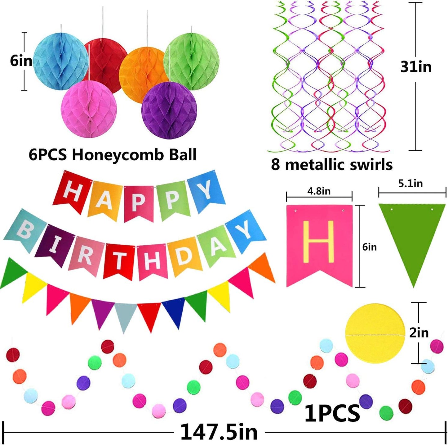 Happy Birthday Banner With Colorful Paper Flag Bunting Paper Circle Confetti Garland Swirl Streamers Honeycomb ball for Birthday Party Decorations