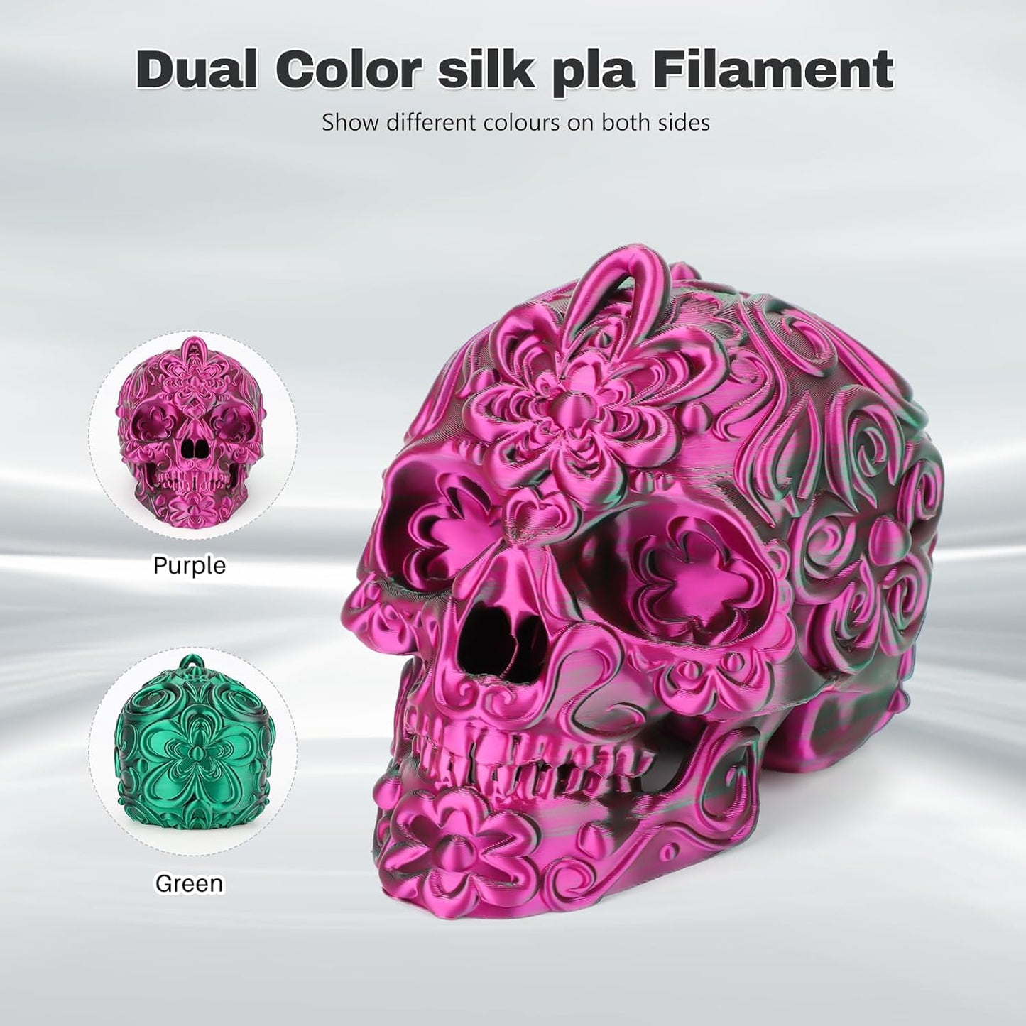 Silk PLA Filament 1.75mm Purple Green Dual Color PLA 3D Printer Filament 2 in 1 Coextrusion 1KG Spool(2.2lbs) 3D Printing Filament Dimensional Accuracy +/- 0.03mm Fits for Most FDM 3D Printers