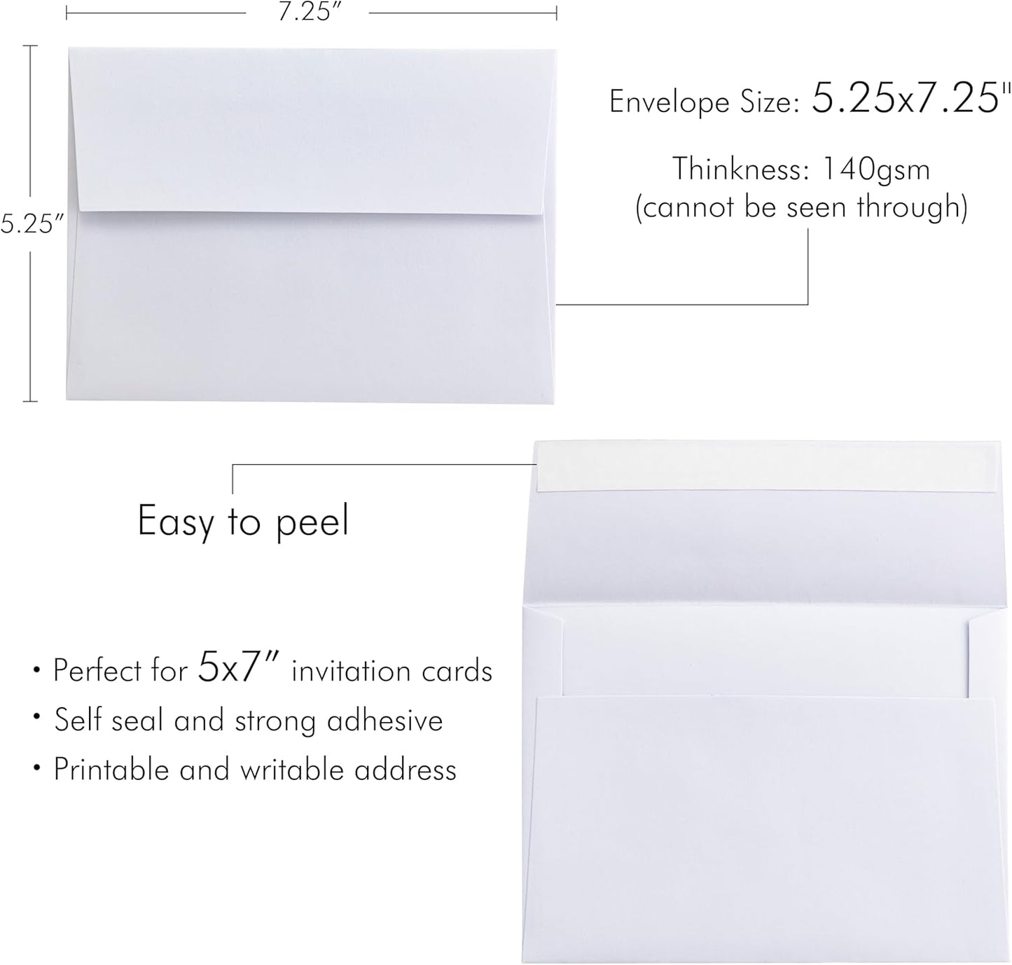 PONATIA 50 PCS 5x7 Envelopes, Self- Adhesive White A7 Envelopes for Weddings, Invitation Cards, Photos, Postcards, Greeting Cards Mailing, Baby Shower, Graduation, Christmas Gift Cards
