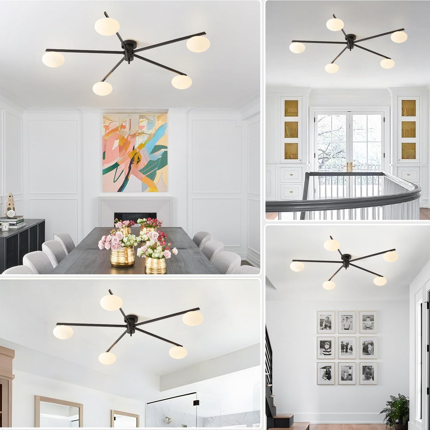 5 Lights Mid Century Modern Black Sputnik Semi Flush Mount Ceiling Light Vintage Glass Close to Ceiling Light Fixtures Industrial Metal Ceiling Chandelier Glass Globe Hall Light MCL05-BK