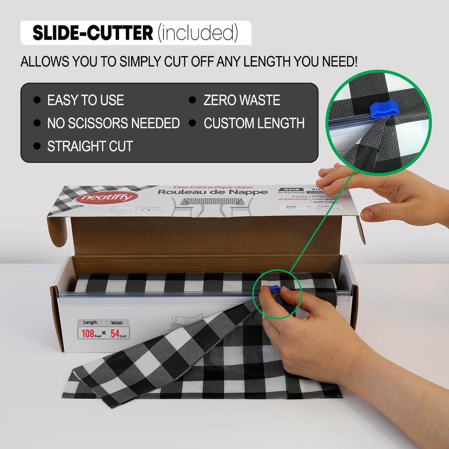 Neatiffy Disposable Plastic Table Cloth Roll | 54 in x 108 Ft Waterproof Tablecloth | Table Cover for Rectangle, Square, Round Oval Tables | Picnic, Party, Banquet, Birthdays, Weddings, BlackCheckered
