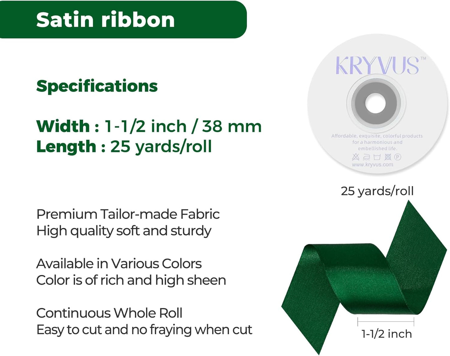 Green Satin Ribbon 1-1/2 inch X Continuous 25 Yards, Single Face Polyester Ribbon Perfect for Gift Wrapping, Flower Bouquet, Wedding Decor, Crafts, Bow Making, Sewing and More