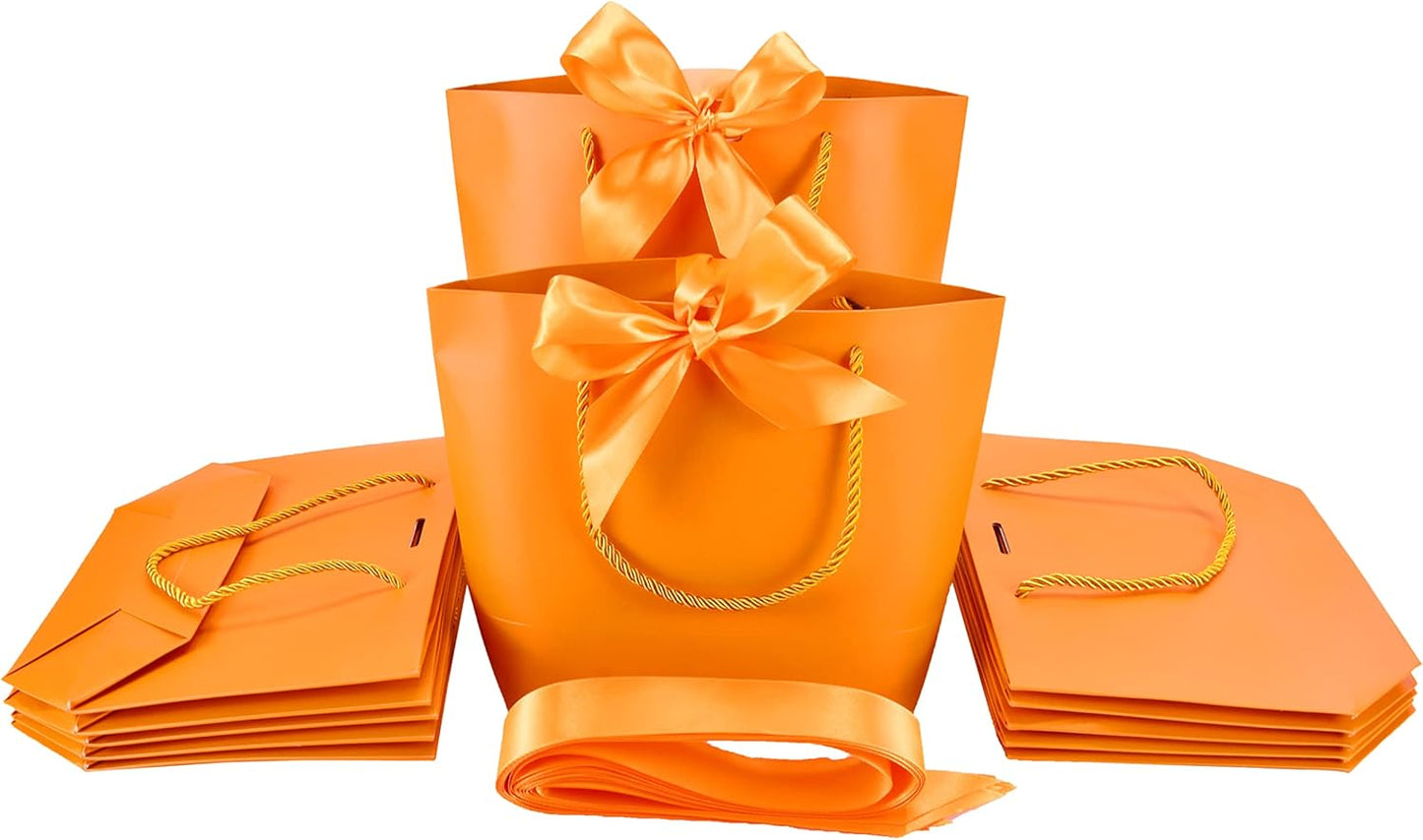 HUAPRINT Gift Bags with Handles,Party Favor Bags with Bow Ribbon,12Pcs Orange Paper Bags for Birthday Wedding Bridesmaid Present Celebration Holiday
