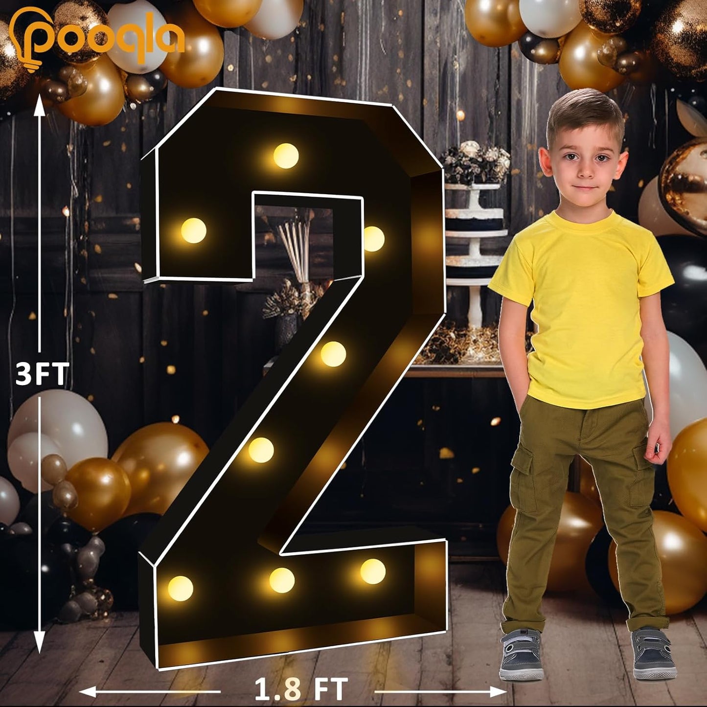 Pooqla 3FT Marquee Light Up Numbers, Black Lighted Party Decor for her him Women Men, Giant Mosaic Light Up Numbers for 2nd 12th 21st Birthday Anniversary Decoration, Number 2