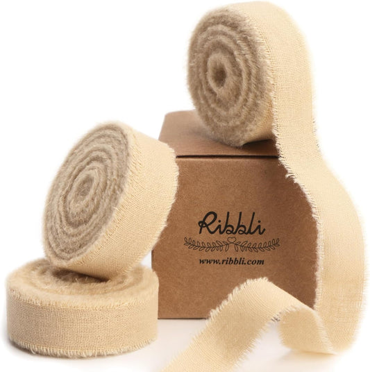 Ribbli 3 Rolls Nude Ribbon 5/8 Inch x 18Yards Beige Handmade Cotton Frayed Fringe Ribbons for Gift Wrapping Wedding Invites Bridal Bouquets Baby Shower DIY Crafts Home Decor