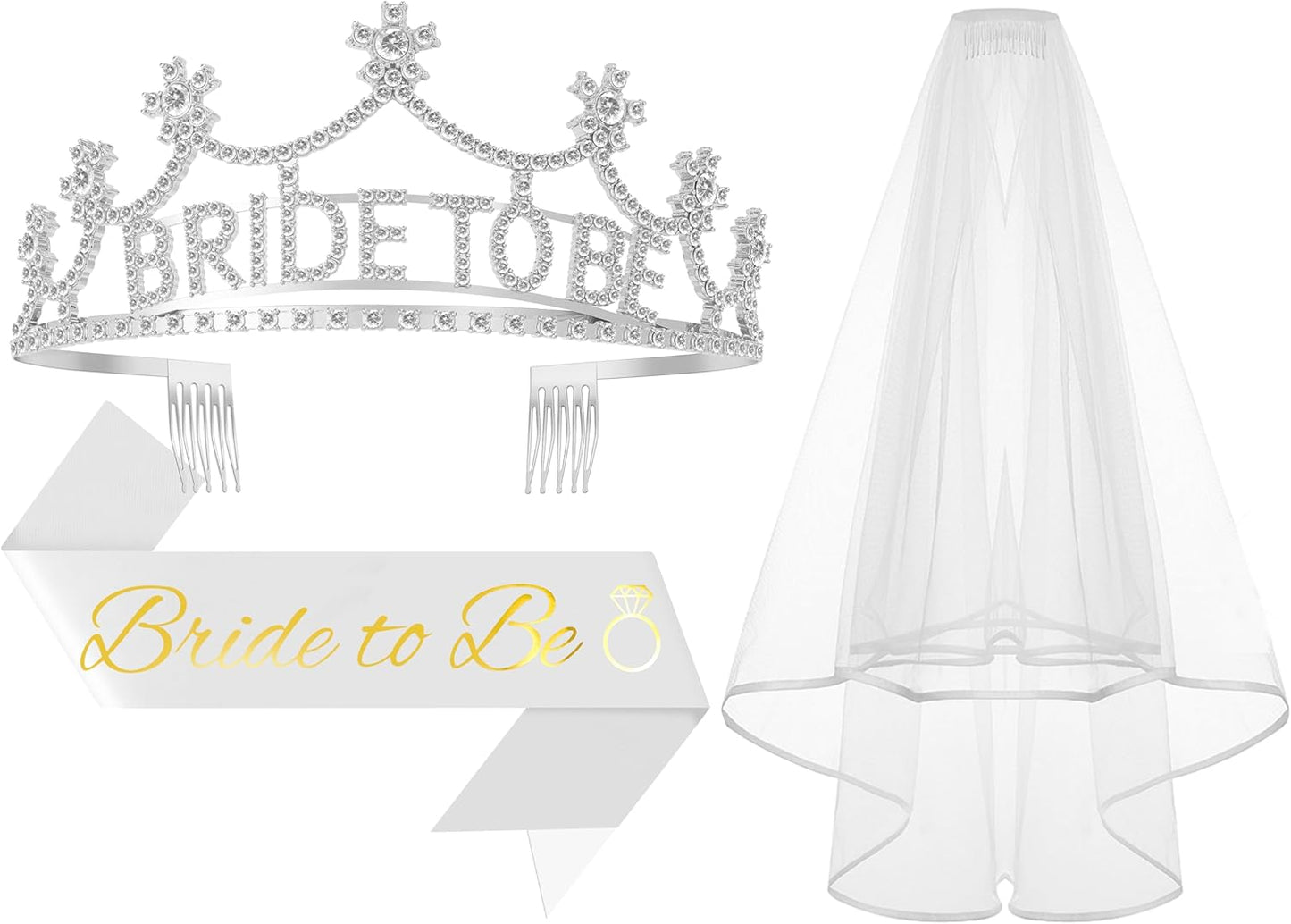 3Pcs Bride to Be Crown with Sash and Veil for Bachelorette Party Decorations，Bridal Shower Accessories for Gift, Favors