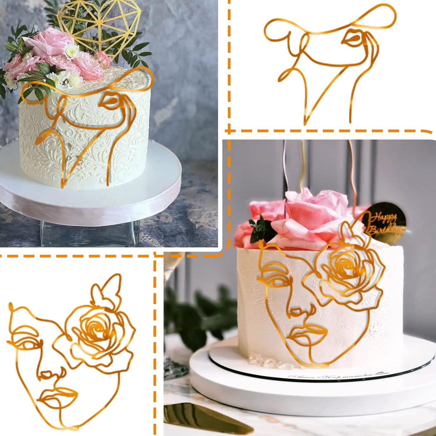 12 Pcs Acrylic Lady Face Cake Topper Minimalist Art Happy Birthday Cake Toppers Women Wedding Cake Decoration for Wedding Birthday Party (Gold)