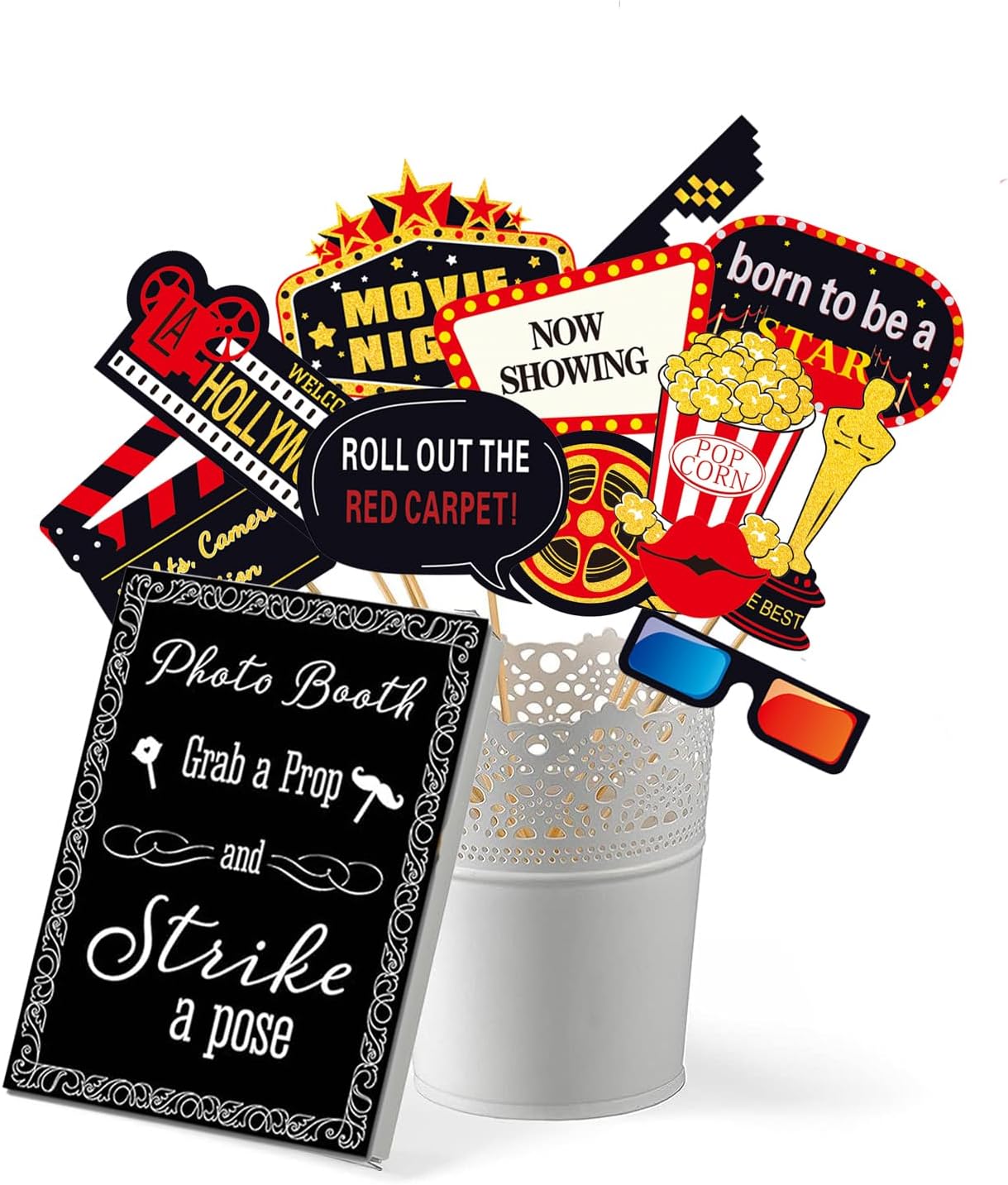 34pcs Hollywood Themed Movie Night Party Photo Booth Props, Hollywood Selfie Frame with Party Photo Props, Red Carpet Cutouts Cards Table Toppers Theme Decor Movie Night Party Supplies
