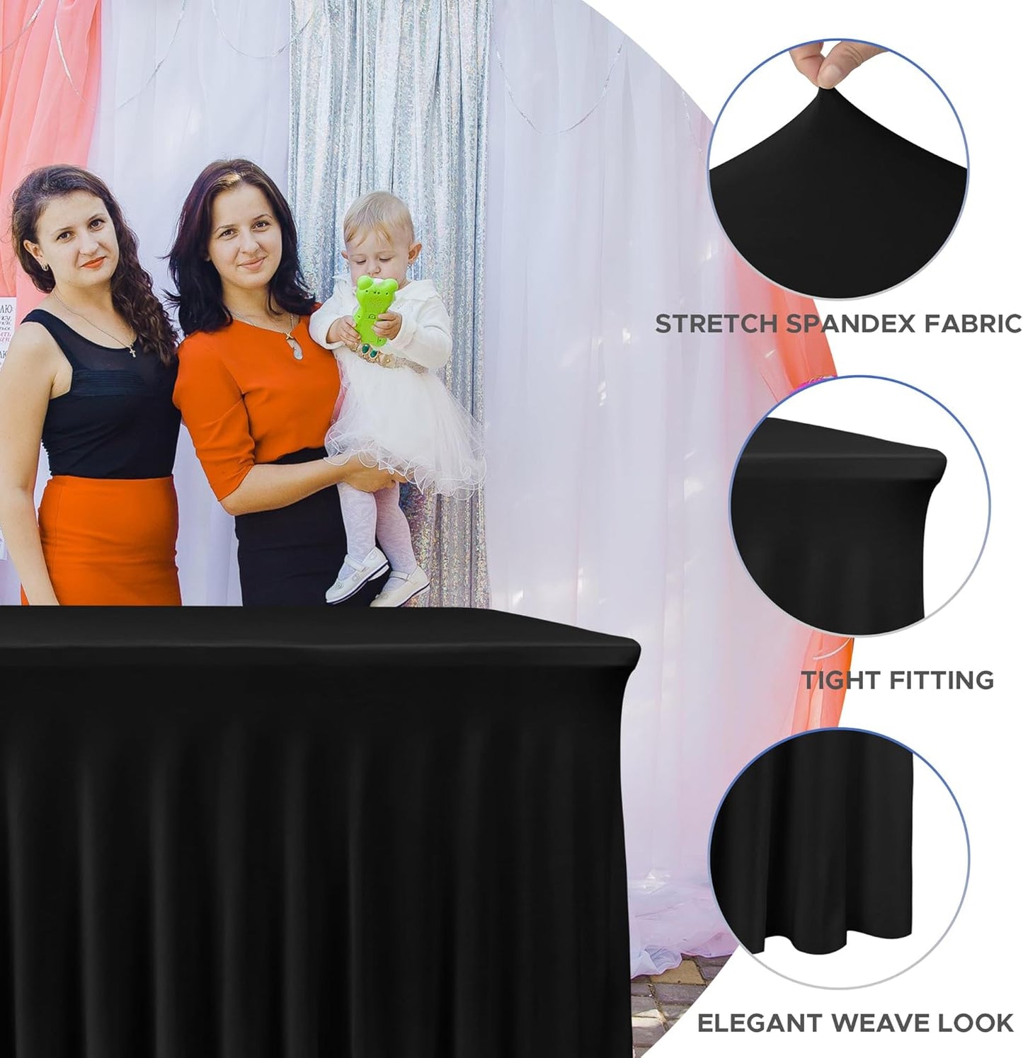 Nasitos Black Table Skirt for 8 Foot Rectangle Tables, 2 Pack - 96 x 30 Inch - Stretch Spandex Fitted Table Clothes, Fabric Table Covers Cocktail Tablecloths for Party, Banquet, Birthday