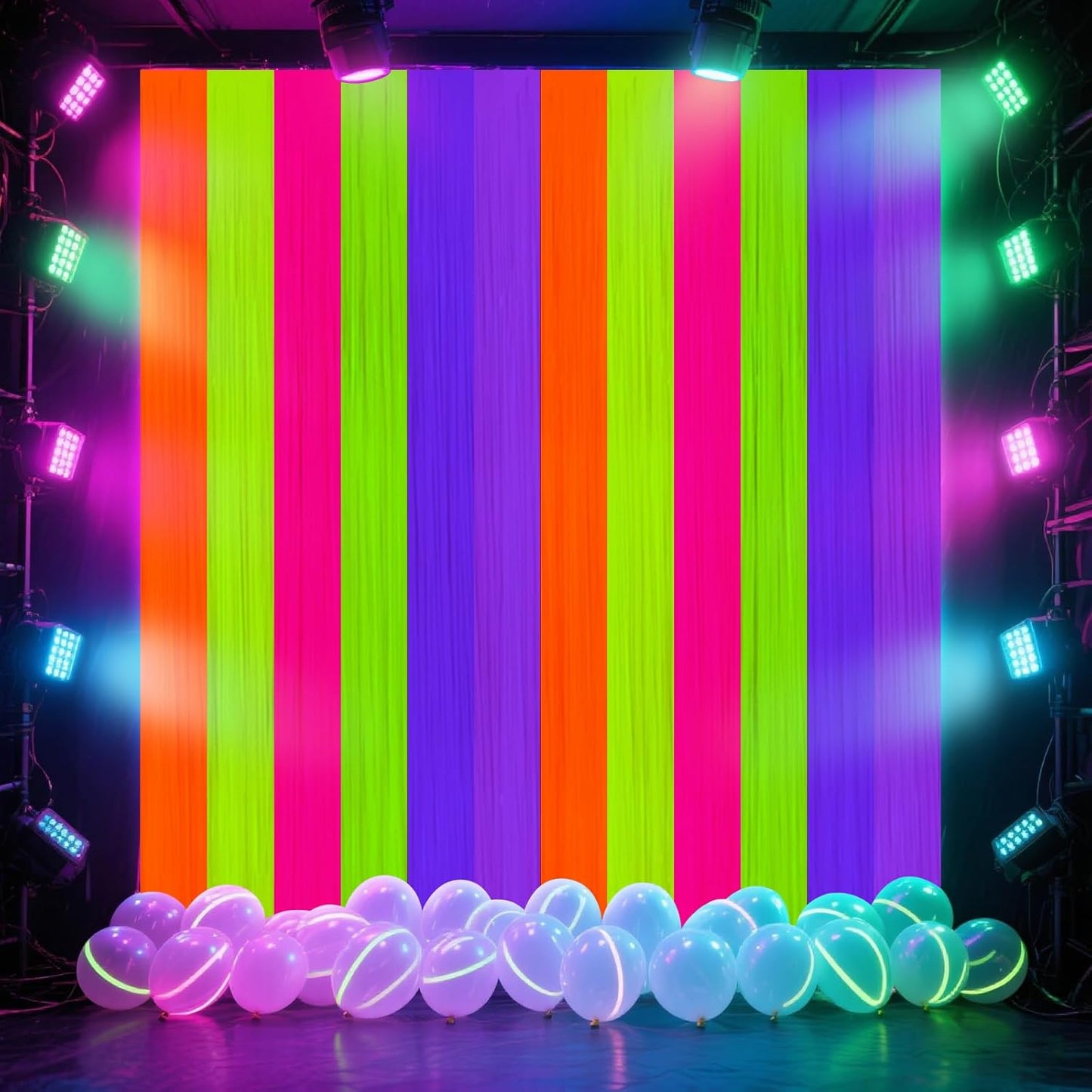 CANREVEL Glow in The Dark Party Supplies, 2 Pack 3.3x6.6 Feet Fluorescent Macaron Rainbow Foil Fringe Backdrop Curtains, Tinsel Streamers for Birthday Party Blacklight Decorations