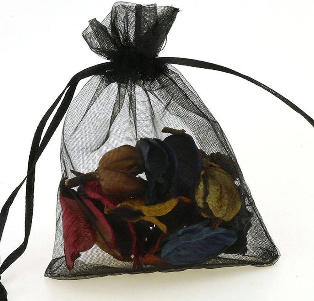 Wudygirl 100pcs Drawstring Organza Bags 5 x 7 Inch Black Transparent Jewelry Lipstick Pouches Baby Shower Party Wedding Holidays Favor Seashell Candy Favor Bags(Black 5x7'')