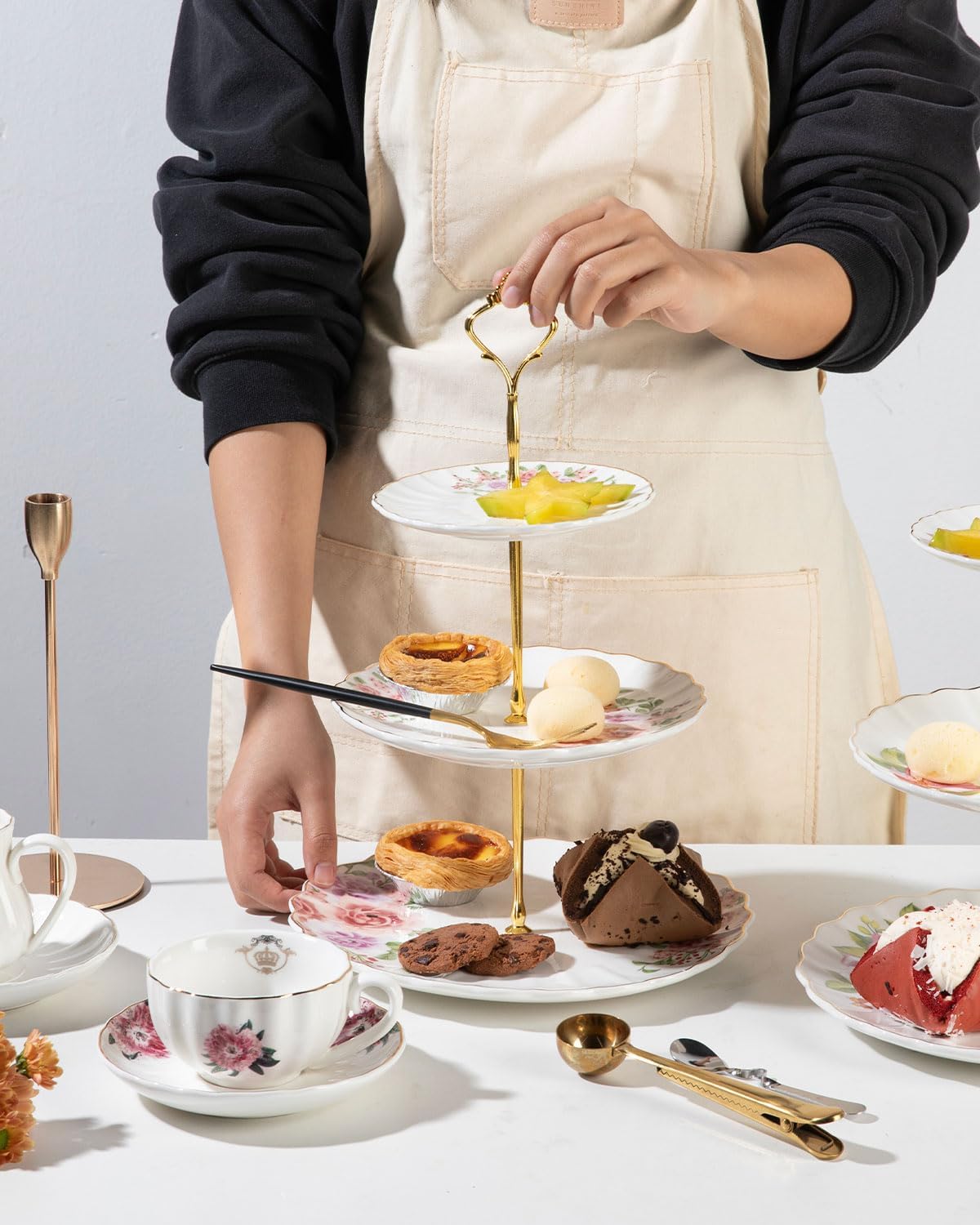 Sweejar 3 Tier Ceramic Cake Stand Wedding, Dessert Cupcake Stand for Tea Party Serving Platter (Rose Flower)