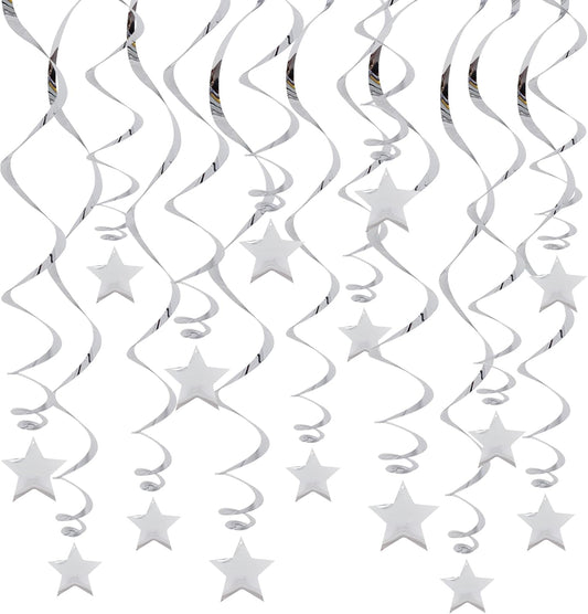 BEISHIDA Silver Star Hanging Swirl Decorations,Hanging Silver Party Supplies for Graduation Wedding Baby Shower Decorations, Pack of 15