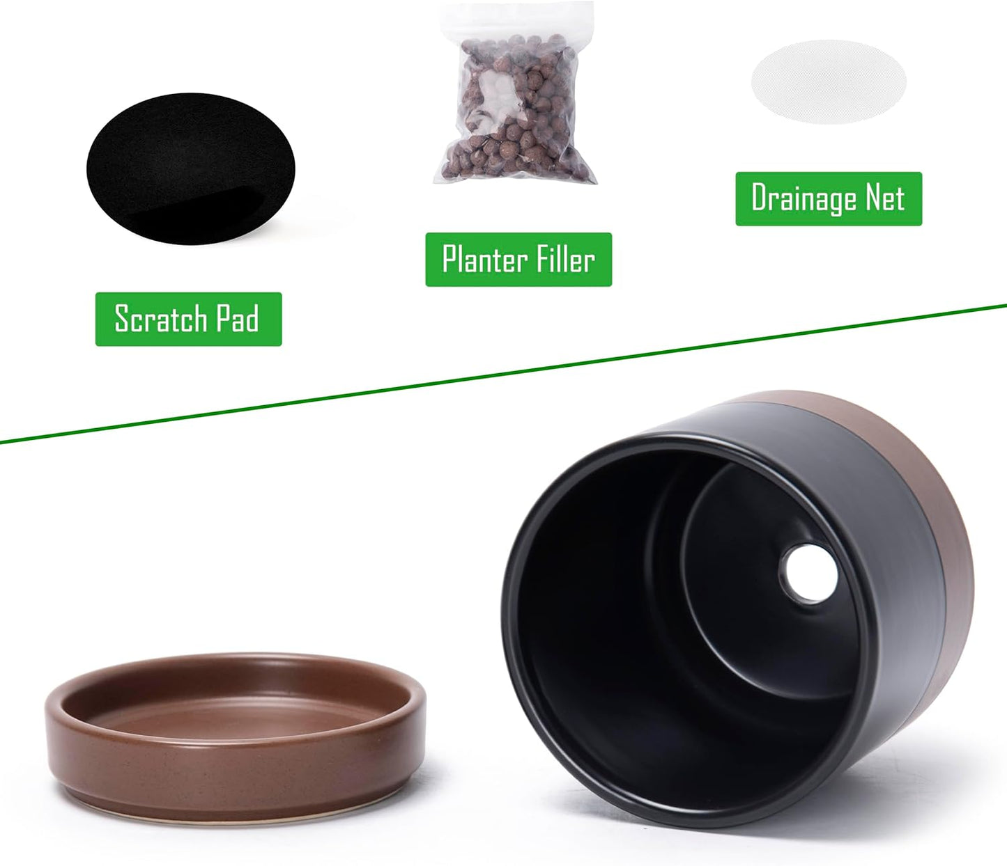 D'vine Dev Set of 4 Small Ceramic Plant Pots, 4.7 Inch Succulent Planter Pot for Plants with Drainage Hole and Saucer, Black/Speckled Tan, 94-X-B-7