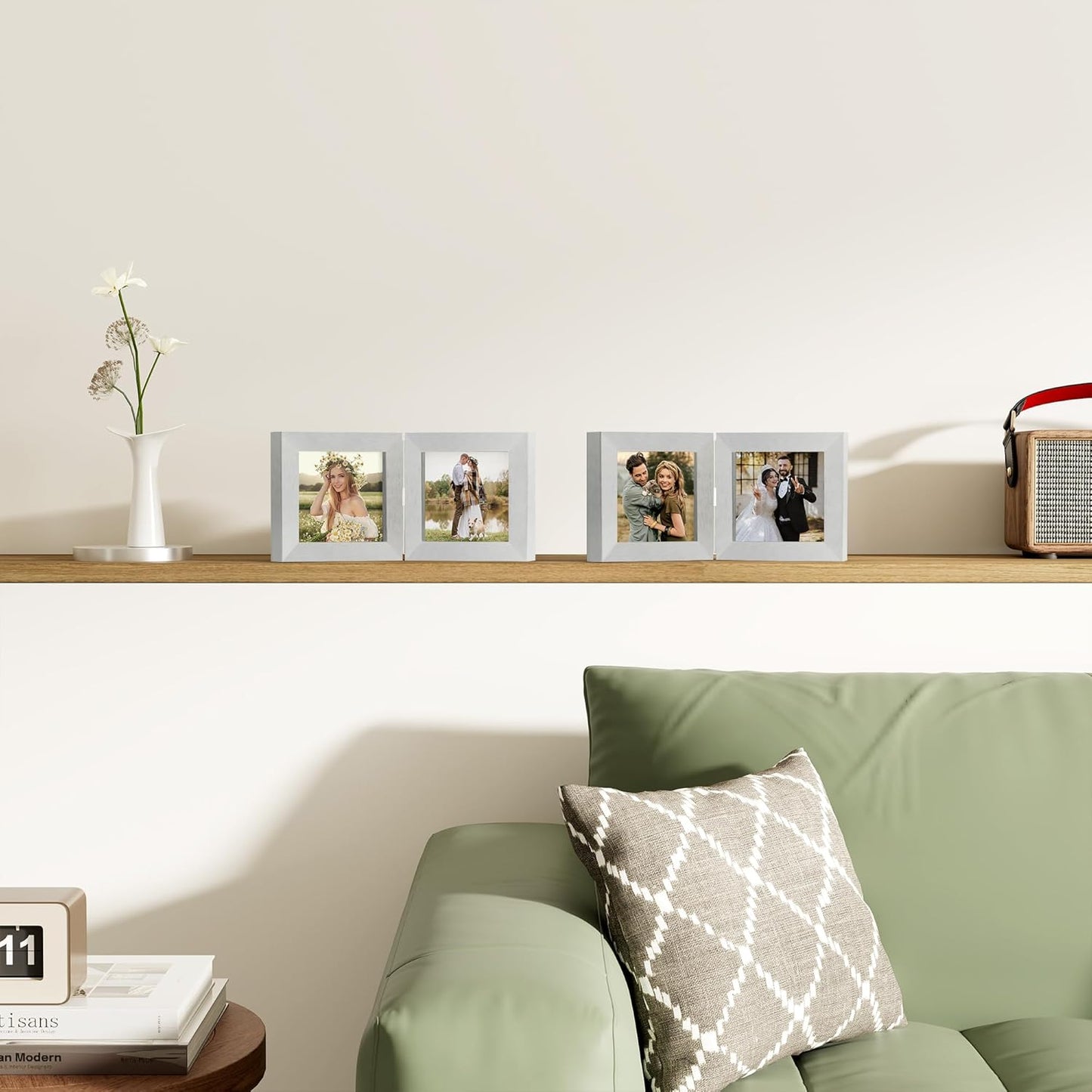 decorUhome Double 4x4 Picture Frame Vertical, Engineered Wood Bifold Photo Frame with Plexiglass for Tabletop Display, 4x4, Silver