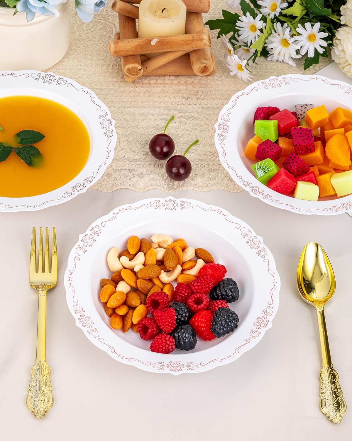 50 Pack White Plastic Bowls with Rose Gold Rim, 12oz Plastic Dessert Bowl, Bowls Disposable Heavy Duty for Hot Soup, Dessert, Salad, Cake, Ice Cream, Fruit