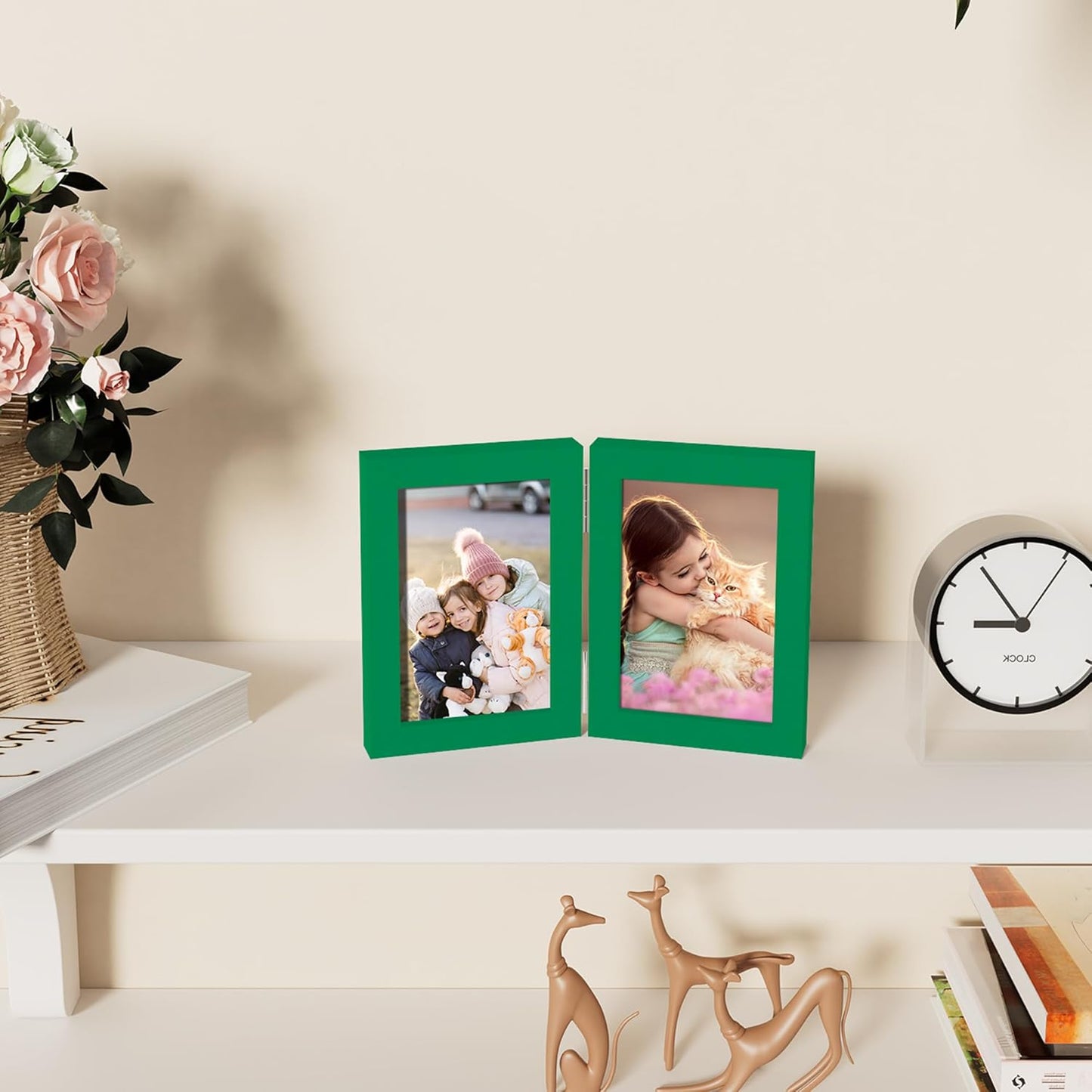 decorUhome Double 4x6 Picture Frame Vertical, Engineered Wood Bifold Photo Frame with Plexiglass for Tabletop Display, 4x6, Green