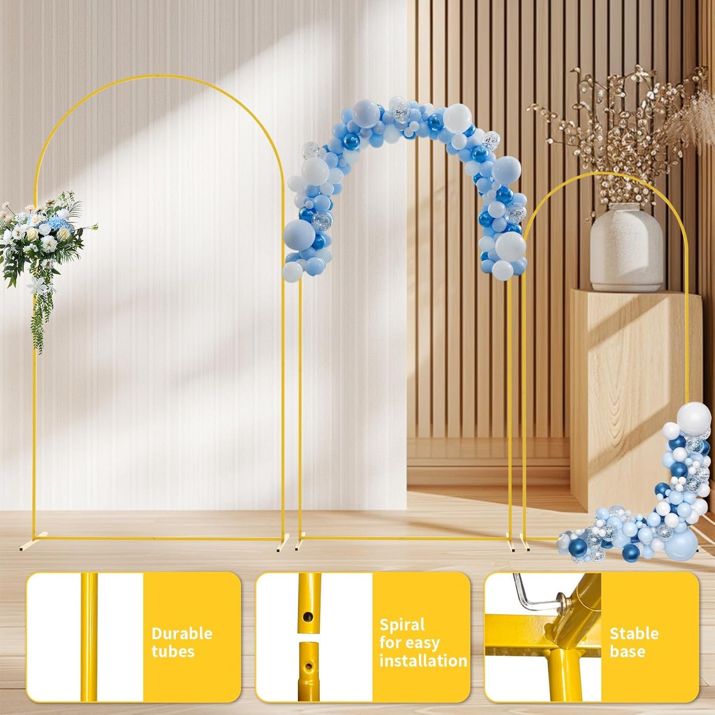 Metal Arch Backdrop Stand Set of 3 (7.2FT/6.6FT/6FT) - Heavy-Duty Gold Wedding Arch with Water Bag for Weddings, Baby Showers, Birthdays, Graduation, Parties & Outdoor Events