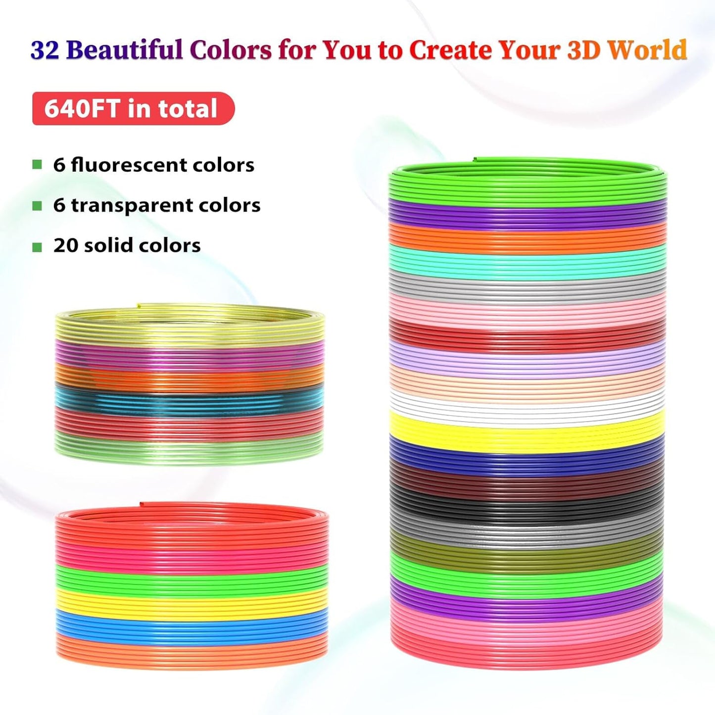 32 Colors 3D Pen Filament 1.75mm PLA, Each Color 20 Feet, Total 640 Feet 3D Pen Filament Refills 3D Printing Pen Refills with High-Precision Diameter Not Compatible with 3Doodler Pen