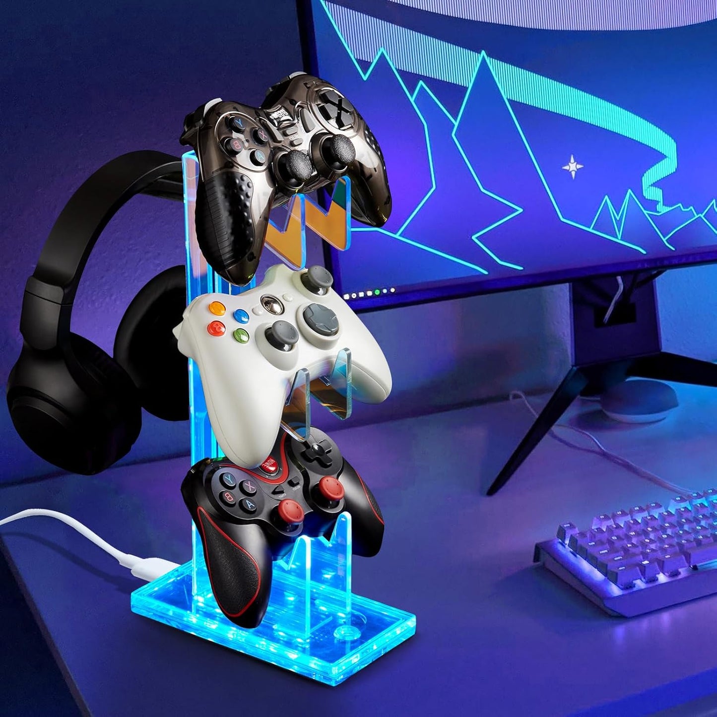 Game Controller Holder with Light Colorful Acrylic Headphones Stand with 3 Modes 7 Colors USB Charging Port for PS4, PS5, PC Universal Design (3 Tiers with Lights)