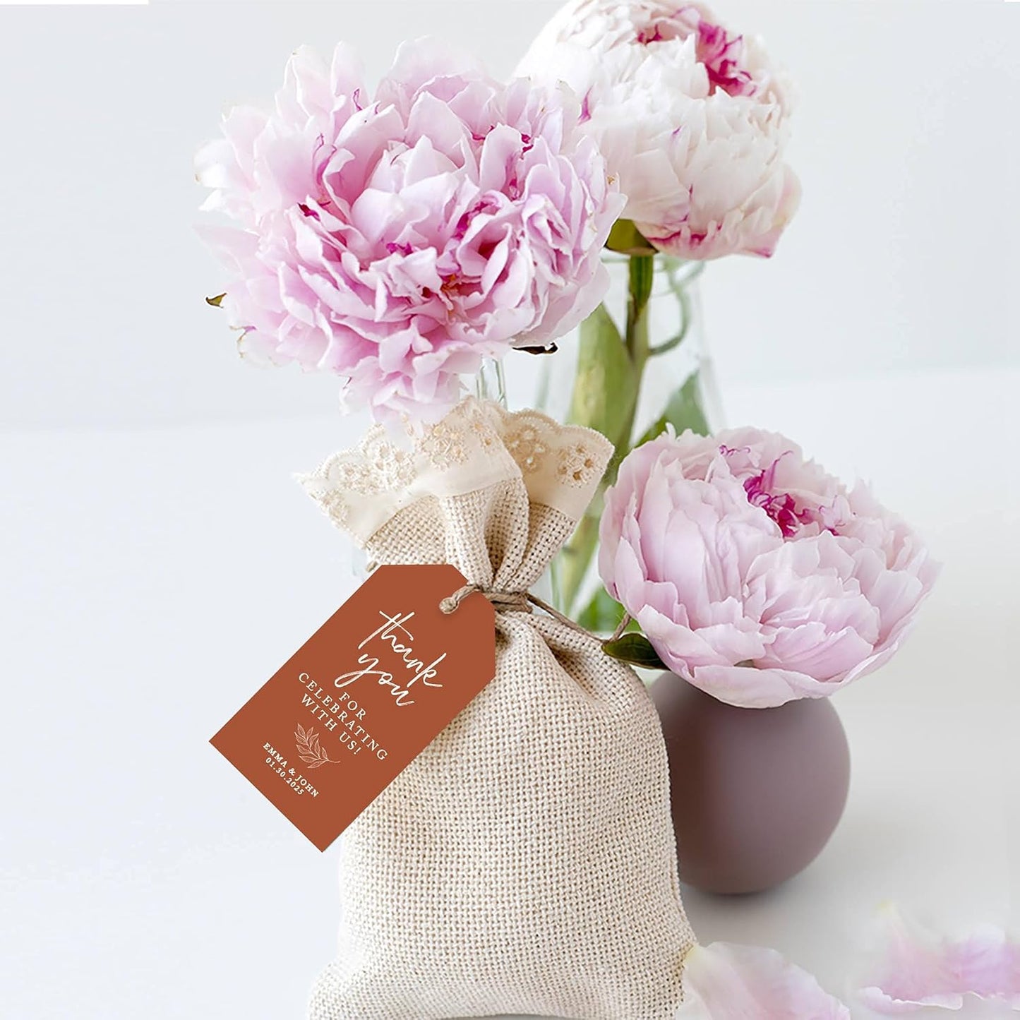 Andaz Press 100-Pack Personalized Thank You for Celebrating with Us Wedding Favor Tags with Bakers Twine Terracotta Line Design Custom Cardstock Wedding Gift Tags for Party Favors 2 x 3.75-Inches