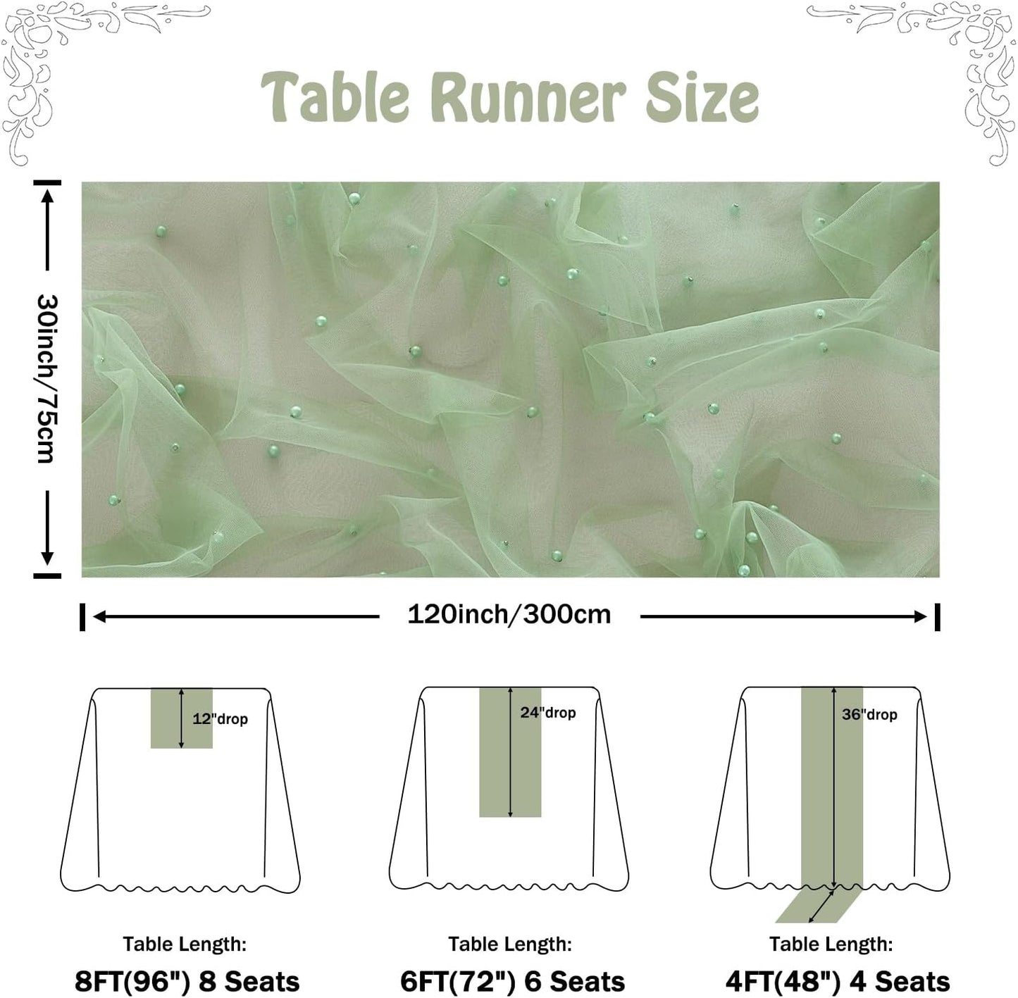 Fanami 6 Pack Pearl Table Runner -10FT Sage Green Boho Tulle Table Runners 120 Inches Long Rustic Sheer Lace Fabric Centerpieces for Wedding Arch Birthday Party Bridal Veil Baby Shower Decorations