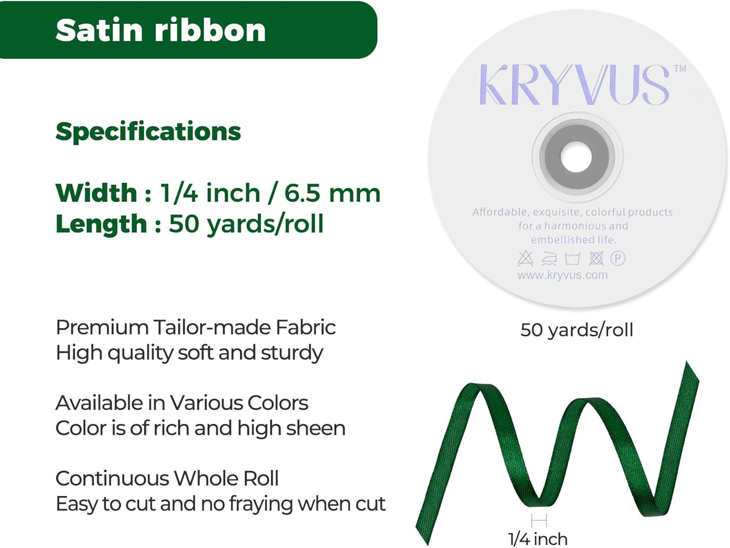 Green Satin Ribbon 1/4 inch X Continuous 50 Yards, Single Face Polyester Ribbon Perfect for Gift Wrapping, Flower Bouquet, Wedding Decor, Crafts, Bow Making, Sewing and More