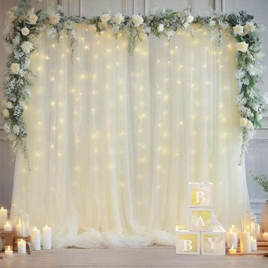 10×10ft Cream White Tulle Backdrop Curtain with Lights String for Parites, Sheer Photo Curtain Backdrop Drapes for Wedding Party Photography Backgrounds