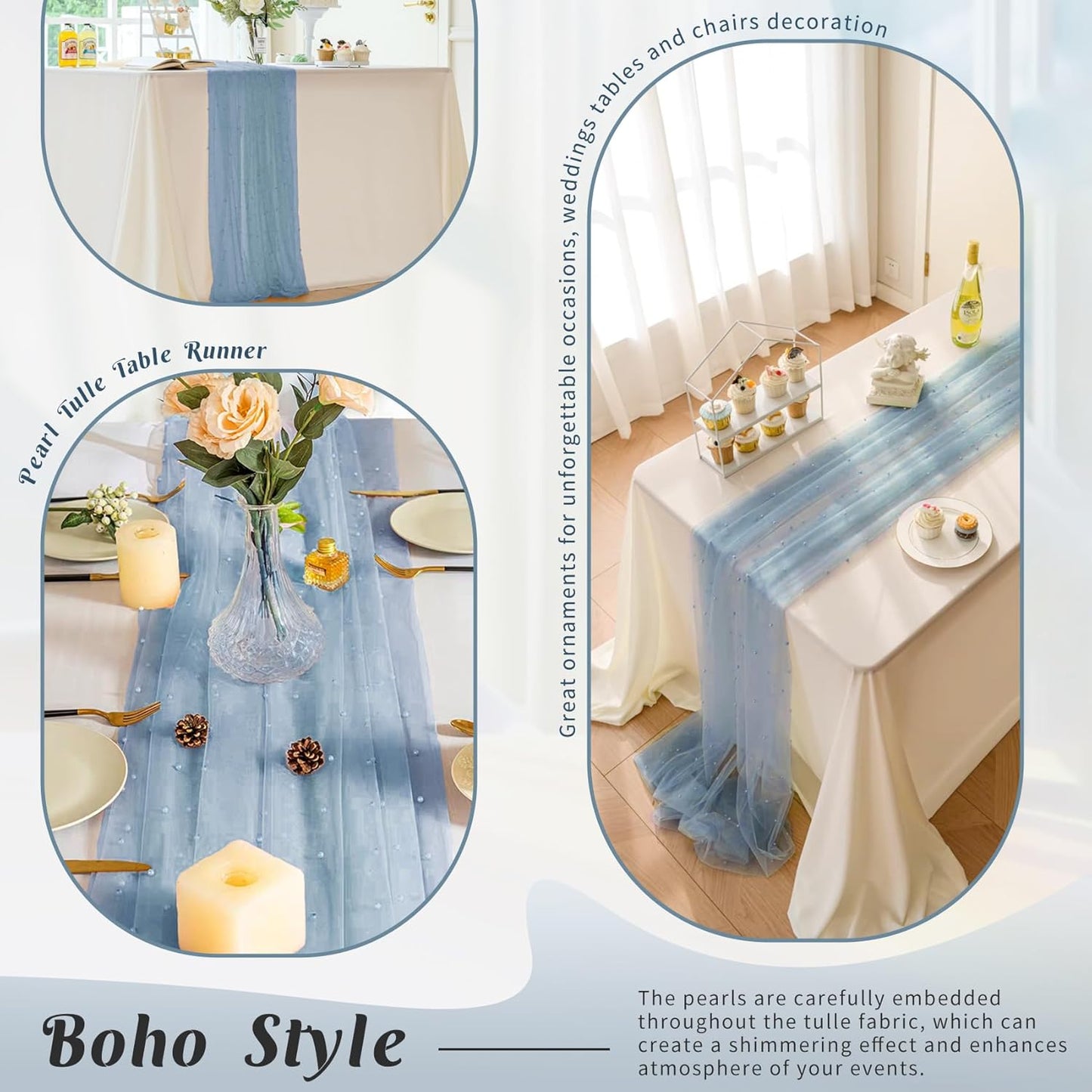Set of 6 Pearl Table Runner 29 x 120 Inch Dusty Blue Tulle Fabric Lace Table Runners Boho Rustic Table Runners for Bridal Shower Birthday Party Wedding Arch Aisle Veil Dessert Table Decor(Dusty Blue)