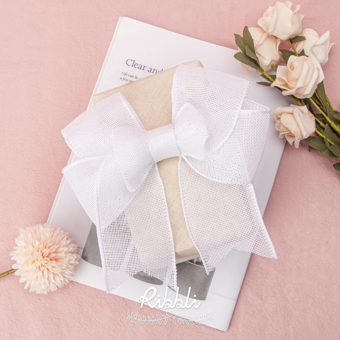 Ribbli White Burlap Wired Ribbon, 2-1/2” Inch x Continuous 20 Yard, White Wired Ribbon for Wreaths,Big Bows,Tree Decoration,Outdoor Decoration