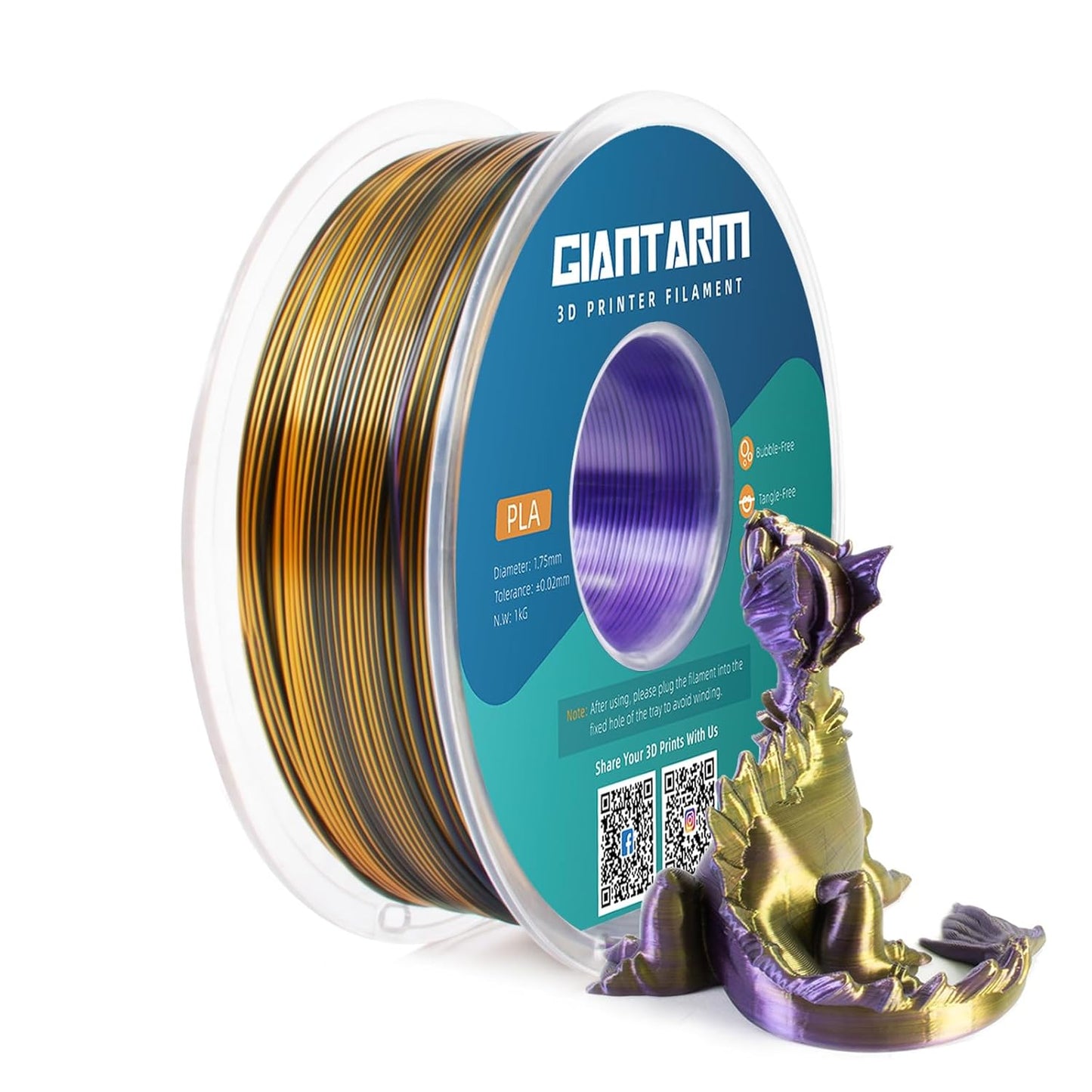 GIANTARM Silk PLA 3D Printer Filament, Tri-Color 3D Printing PLA Filament 1.75mm, Shiny Silk PLA, Dimensional Accuracy +/- 0.03 mm, 1kg/2.2lbs (Purple+Gold+Black)