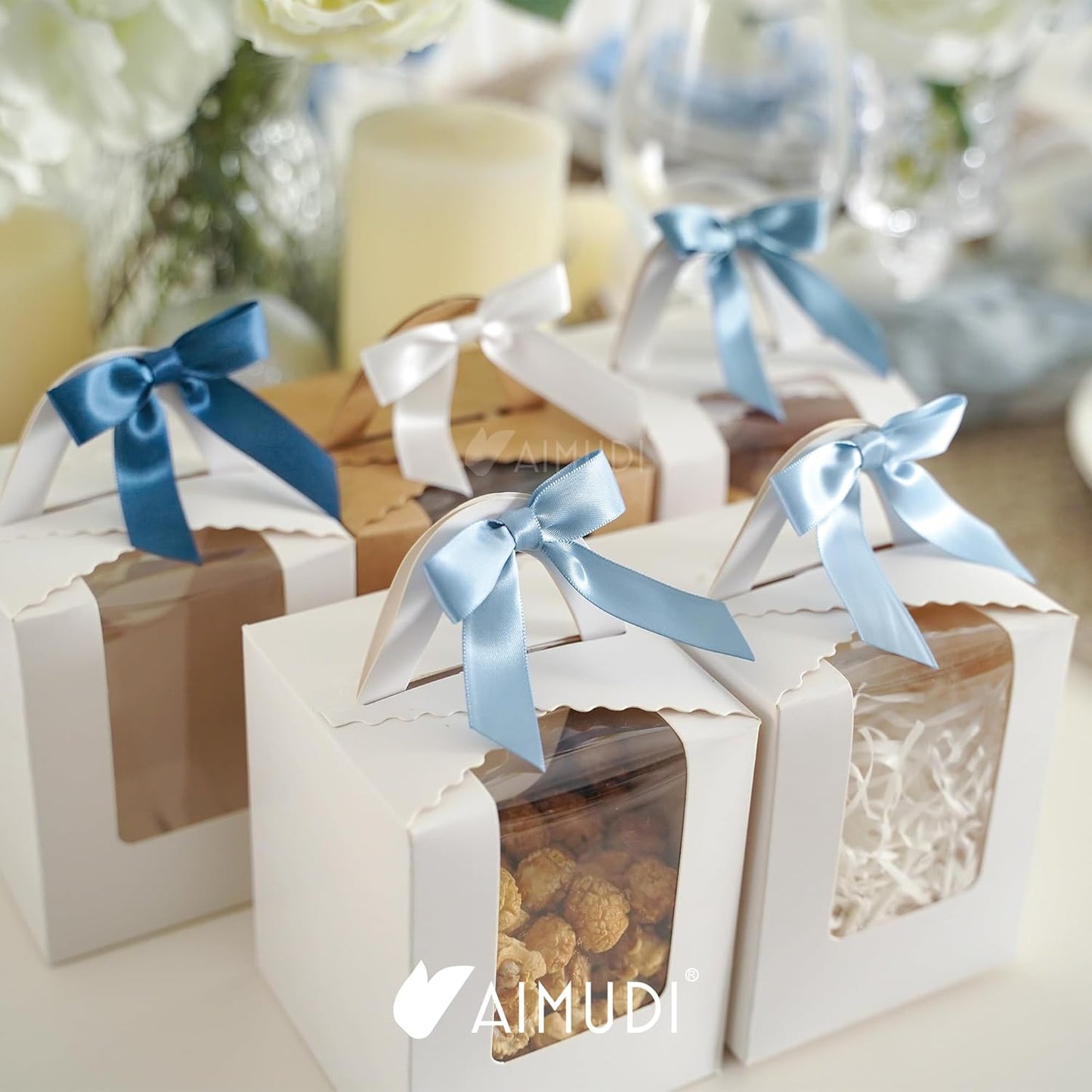 AIMUDI 5 Colors Dusty Blue Ribbon Bows 2.5" Satin Twist Tie Bows for Gift Wrapping Premade Satin Bows for Making Crafts Treat Bag Baby Shower Birthday Party Wedding Decoration, 50 PCs