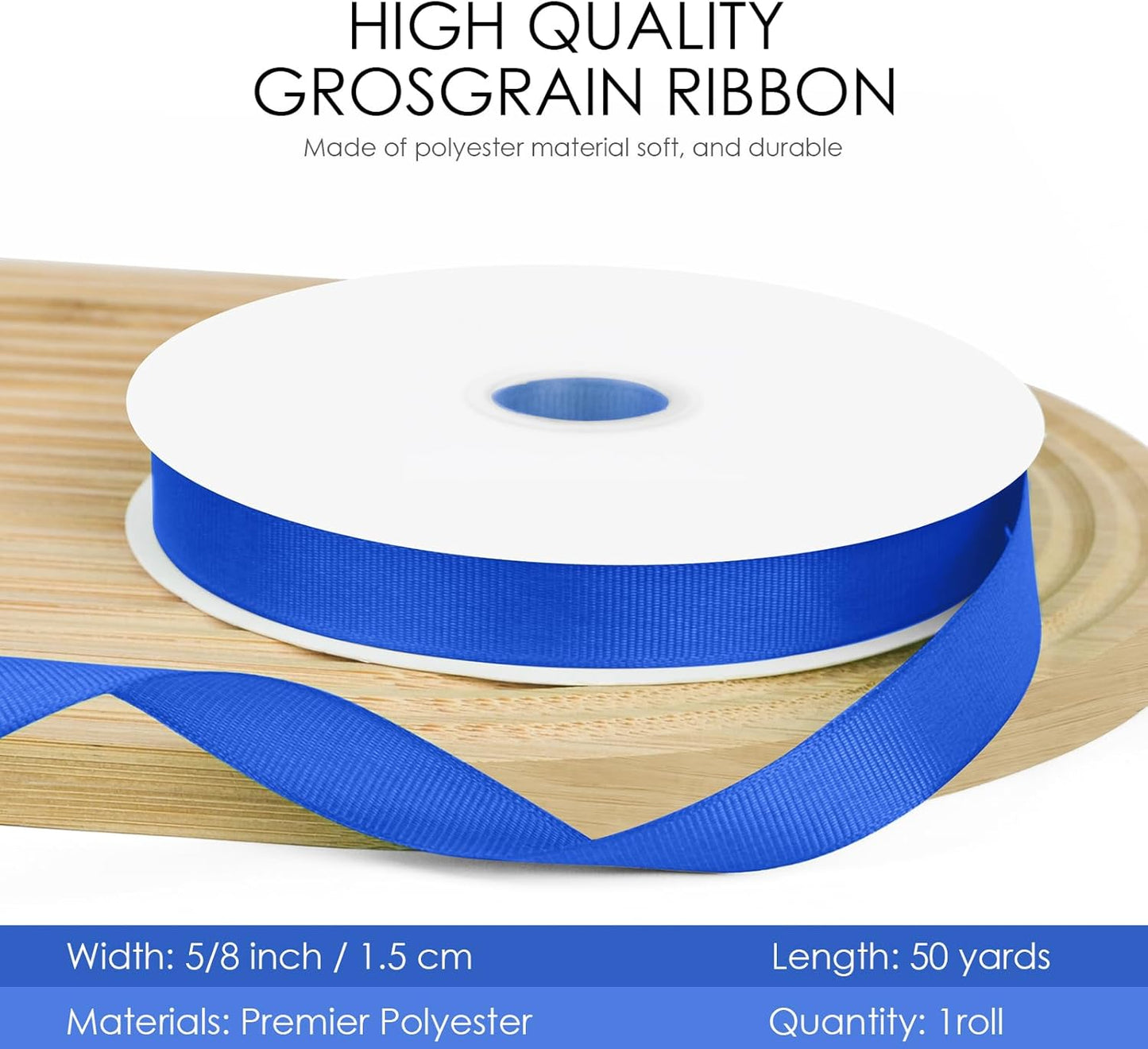 50 Yards 5/8 inch Grosgrain Ribbon, Solid Color Fabric Ribbon Perfect for Gift Wrapping, Wedding, Handmade Bows, Floral Bouquets and Party Decoration(Royal Blue)