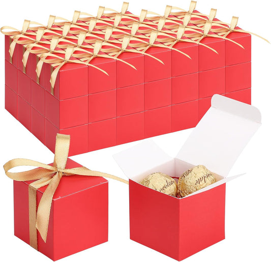EUSOAR Favor Boxes, 120pcs 2x2x2 Inches Red Small Gift Boxes Candy Box for Party with Gold Ribbon, Mini Cube Soap Box Macaron Chocolate Container for Wedding Birthday Party DIY Favors Supplies