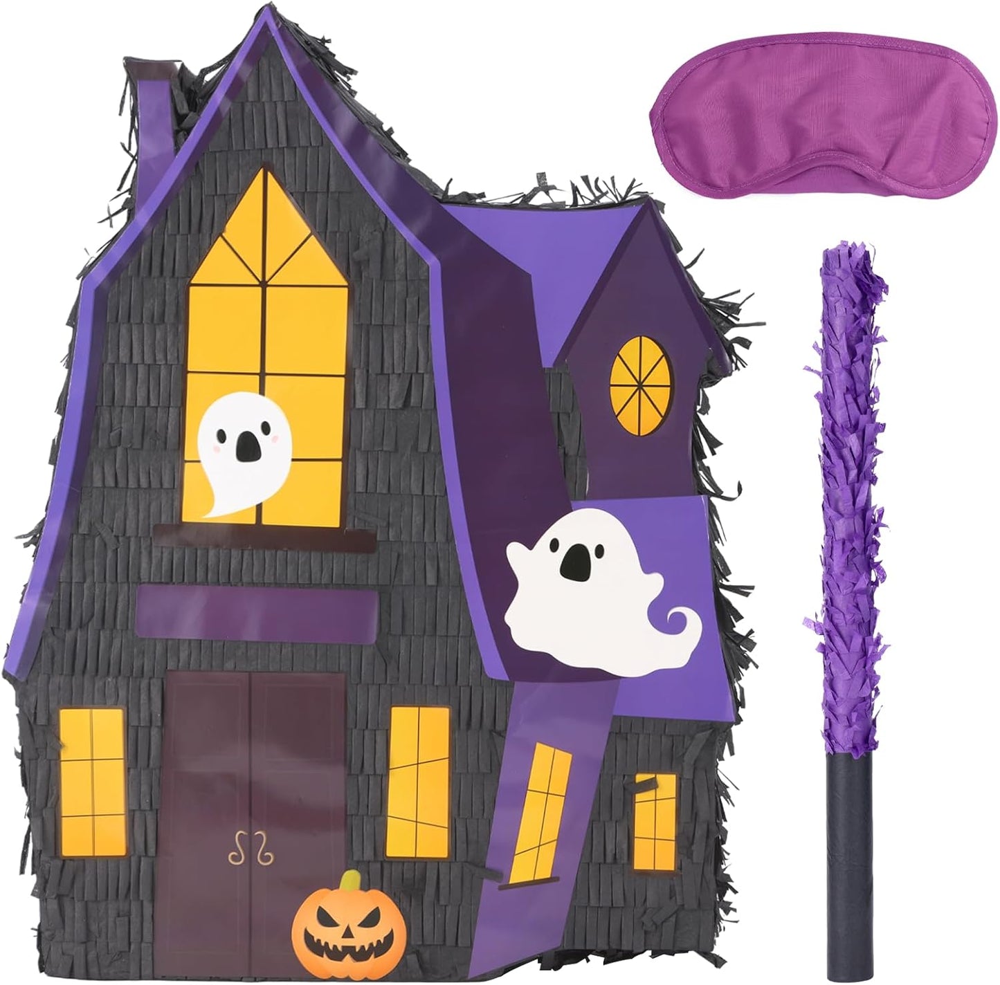 Halloween Haunted House Pinatas Bundle with a Blindfold and Bat (16x12.5x4 Inches), Ghost Castle Pinata, Party Games and Decoration