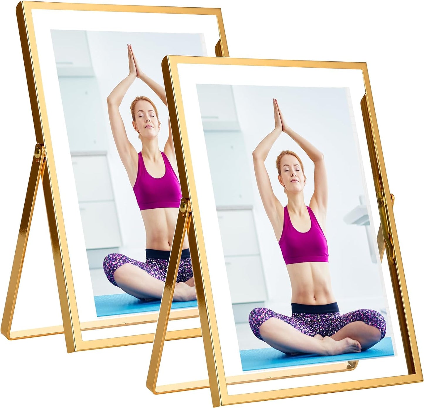 Gold 5x7'' Floating Frame Set of 2, For Photo Sizes 3.5x5'', 4x6'', 5x7'', Luxury Modern Gold Metal Frames for Tabletop/Shelf, Wedding, Birthday, Home or Office Decoration