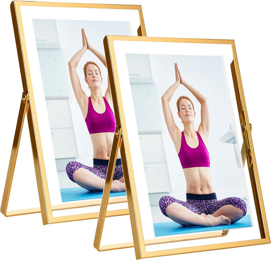 Gold 5x7'' Floating Frame Set of 2, For Photo Sizes 3.5x5'', 4x6'', 5x7'', Luxury Modern Gold Metal Frames for Tabletop/Shelf, Wedding, Birthday, Home or Office Decoration