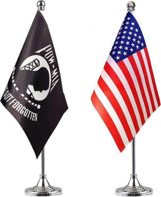 ZXvZYT 2 Pack American US POW MIA flag USA POW MIA table flag,Small Mini United States Military Desk Flags With Stand Base,for Army Party Events Celebration Decorations Supplies