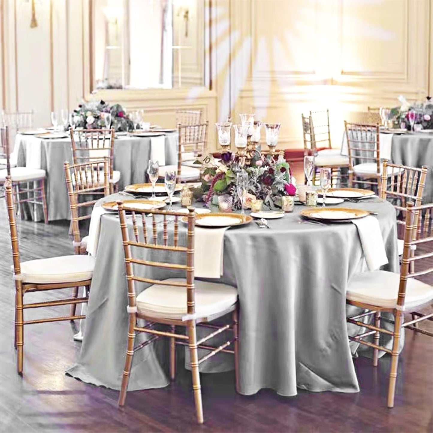 fani 6 Pack 108 Inch Sliver Round Tablecloth - Premium Silky Satin Tablecloth Overlay Smooth Fabric Table Cover Linens, Table Decoration for Wedding Party Banquet Events Restaurant Kitchen Dining