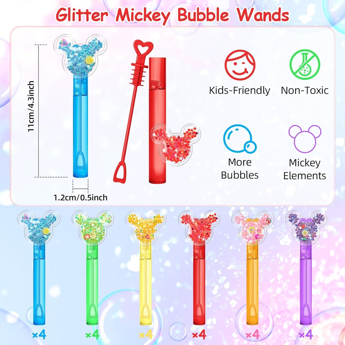 AFZMON 24 Glitter Mouse Ear Bubble Wands for Kids, Mouse Party Favors Mini Bubbles Birthday Gift Toy Goodie Bag Stuffers Classroom Prizes Wedding Party Supplies