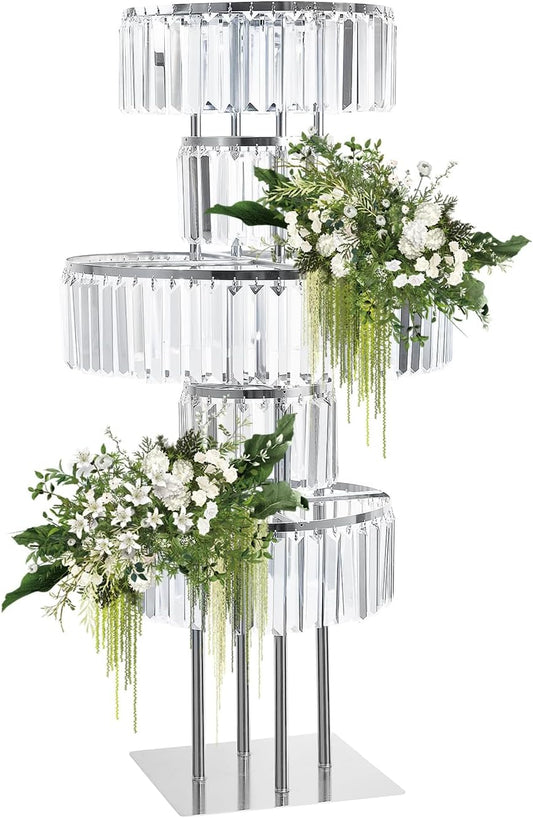Silver Crystal Vases for Centerpieces, 47.2in Metal Pedestal Stands for Table Chandelier Centerpiece Wedding, 5 Tier Round Flower Stand for Wedding Reception Birthday Party Events Home Decor